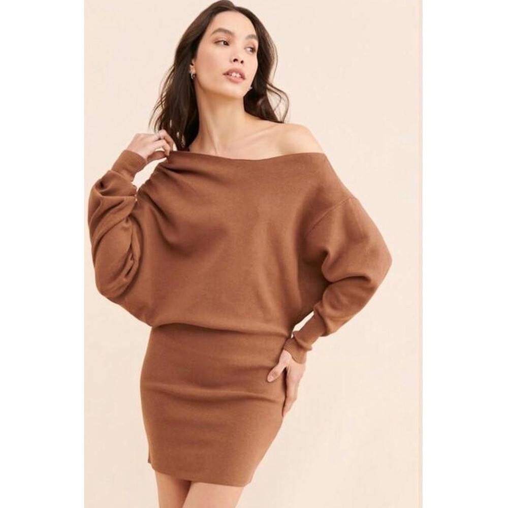 Free People Nola Sweater Mini Dress XS Brown Off Shoulder Draped Fall Knit